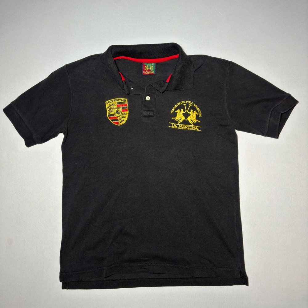 VTG La Martina Porsche Polo Shirt Mens‎ Medium Black Crest Motorsport Luxury